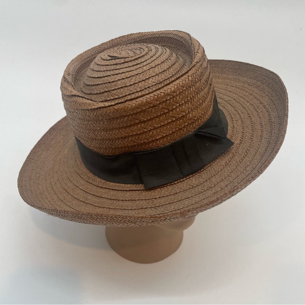 VTG Classic Raffia Tan Wide Brim Sun Hat With Flat Black Bow